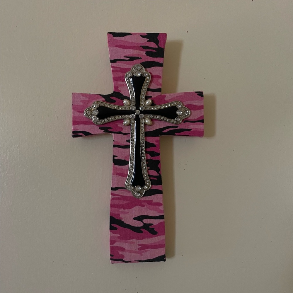 Double Layered Wooden Cross 12" X 6 “  Pink Color Diamonair In Small Metal Cros